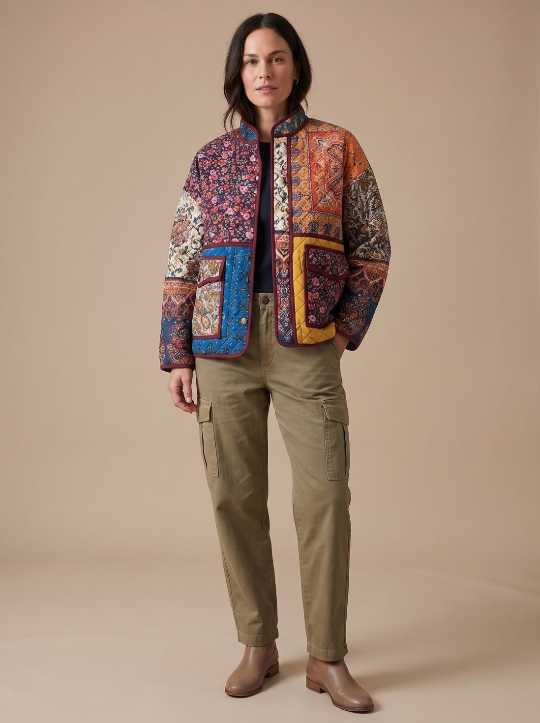Damen Winterjacke mit Patchworkmuster gesteppt und Stehkragen
