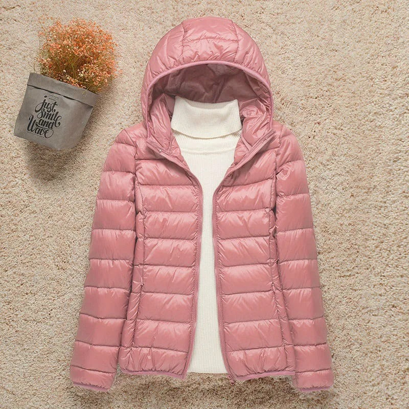 Daunenjacke mit Kapuze und horizontaler Steppung für Damen in Rosa - Ansicht 5