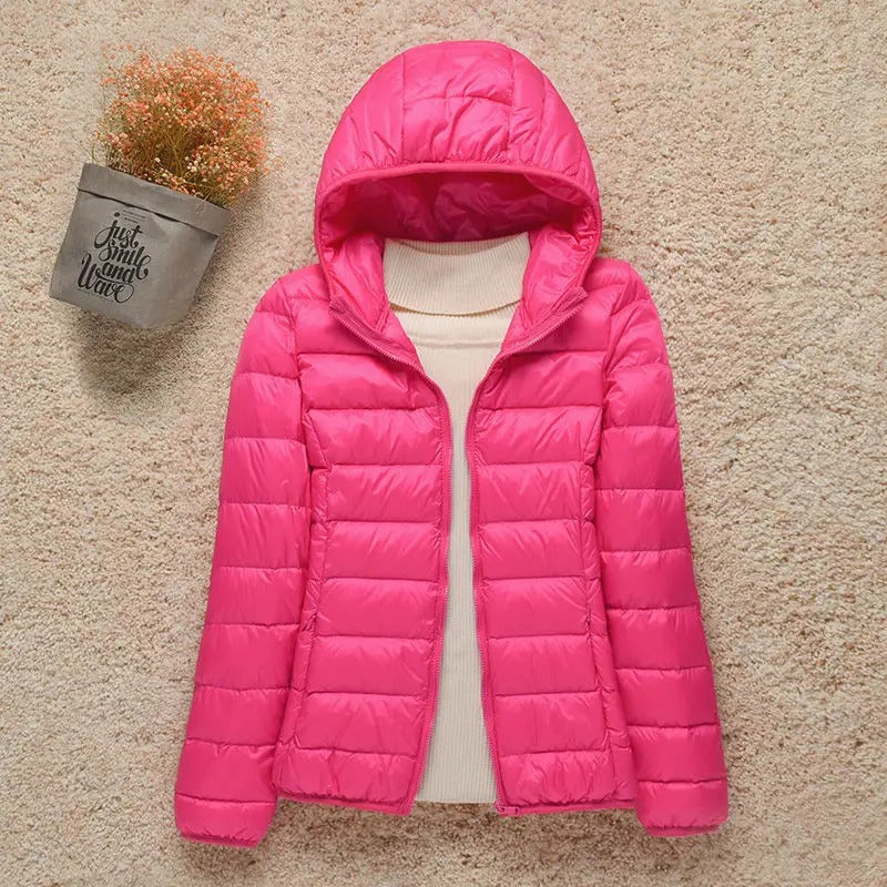 Daunenjacke mit Kapuze und horizontaler Steppung für Damen in Fuchsia - Ansicht 6