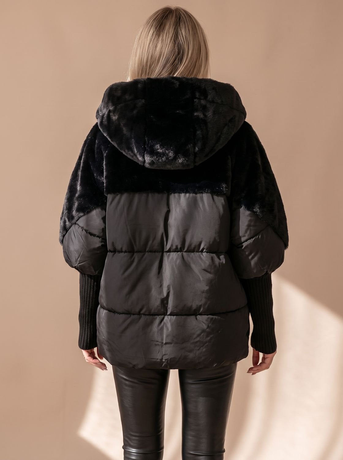 Daunenjacke Damen gesteppt, Oversize mit Kunstfell-Kragen und Kapuze