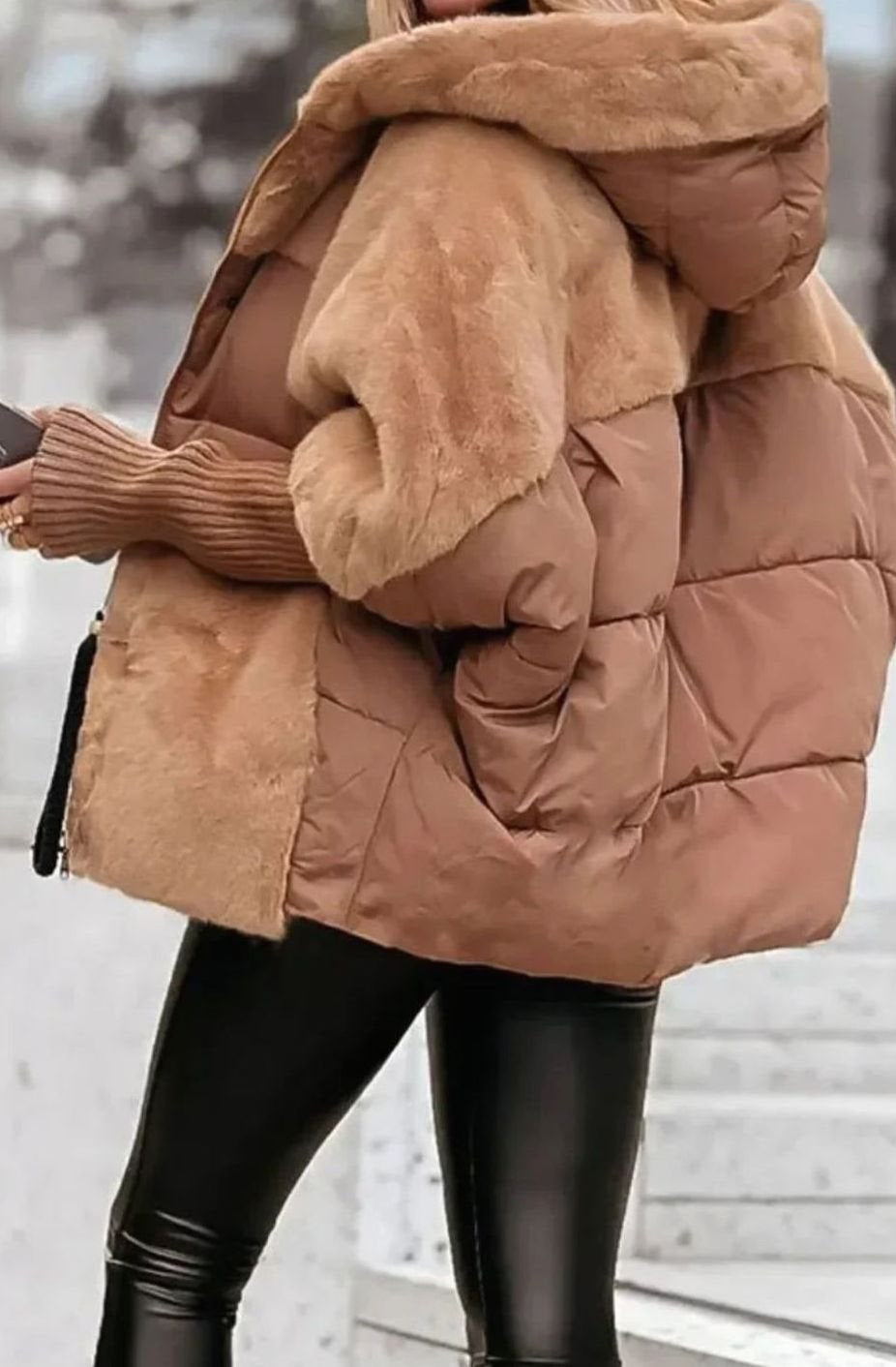 Daunenjacke Damen gesteppt, Oversize mit Kunstfell-Kragen und Kapuze