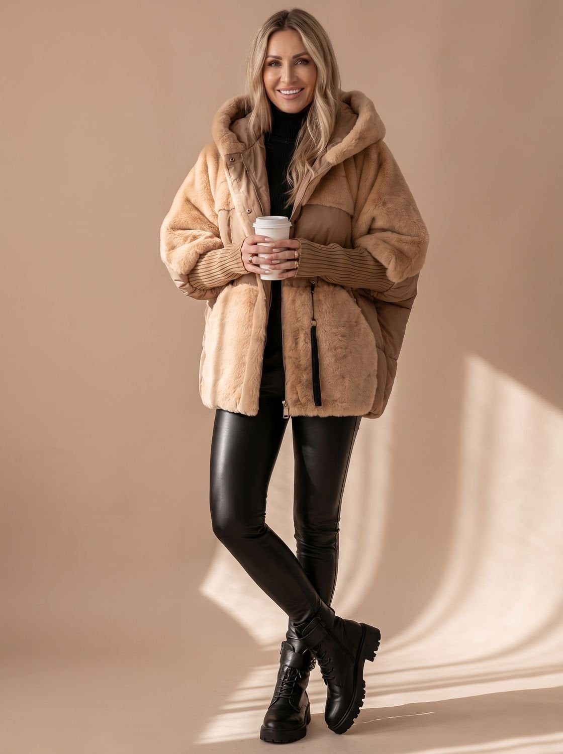 Daunenjacke Damen gesteppt, Oversize mit Kunstfell-Kragen und Kapuze
