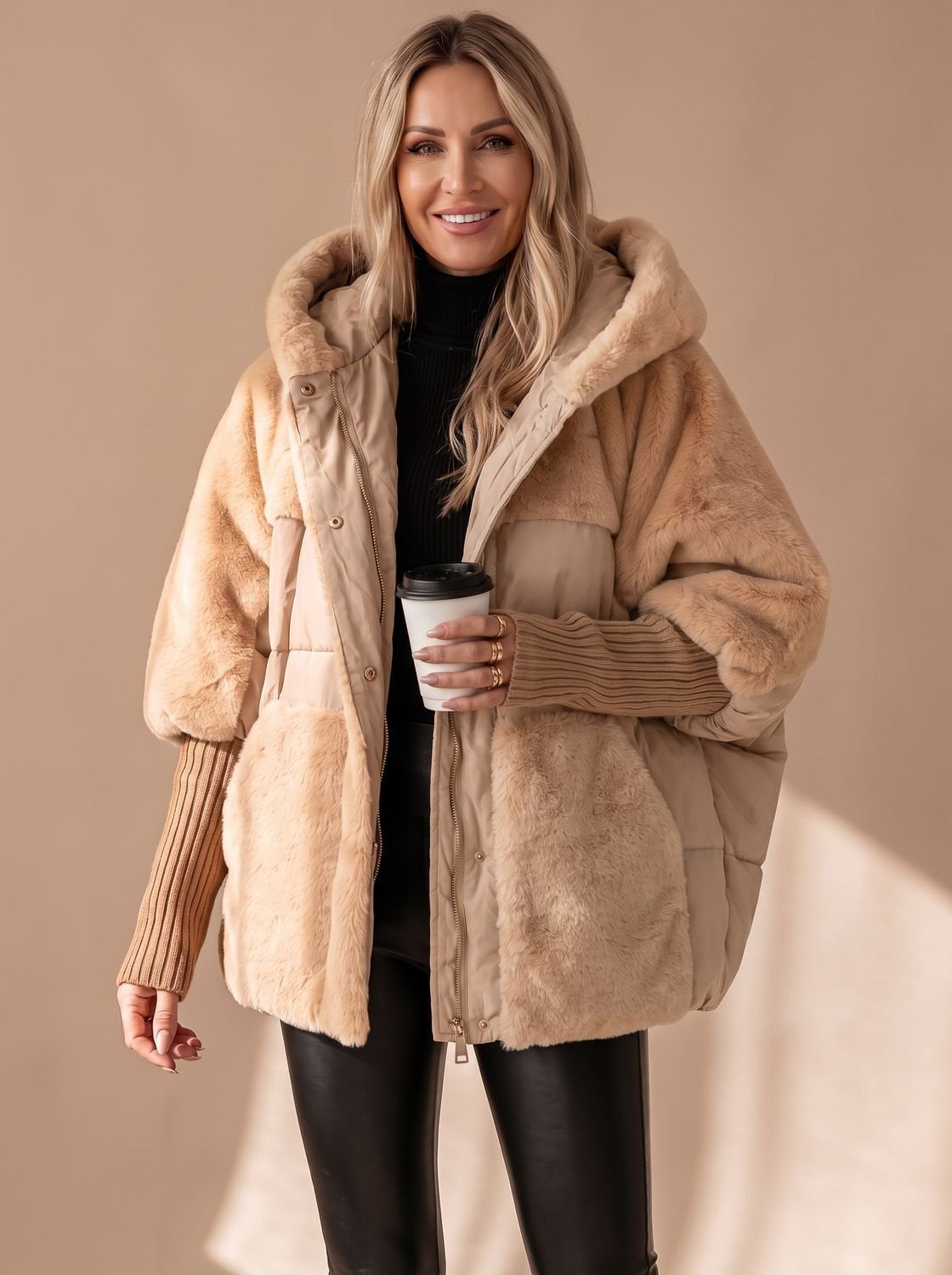 Daunenjacke Damen gesteppt, Oversize mit Kunstfell-Kragen und Kapuze