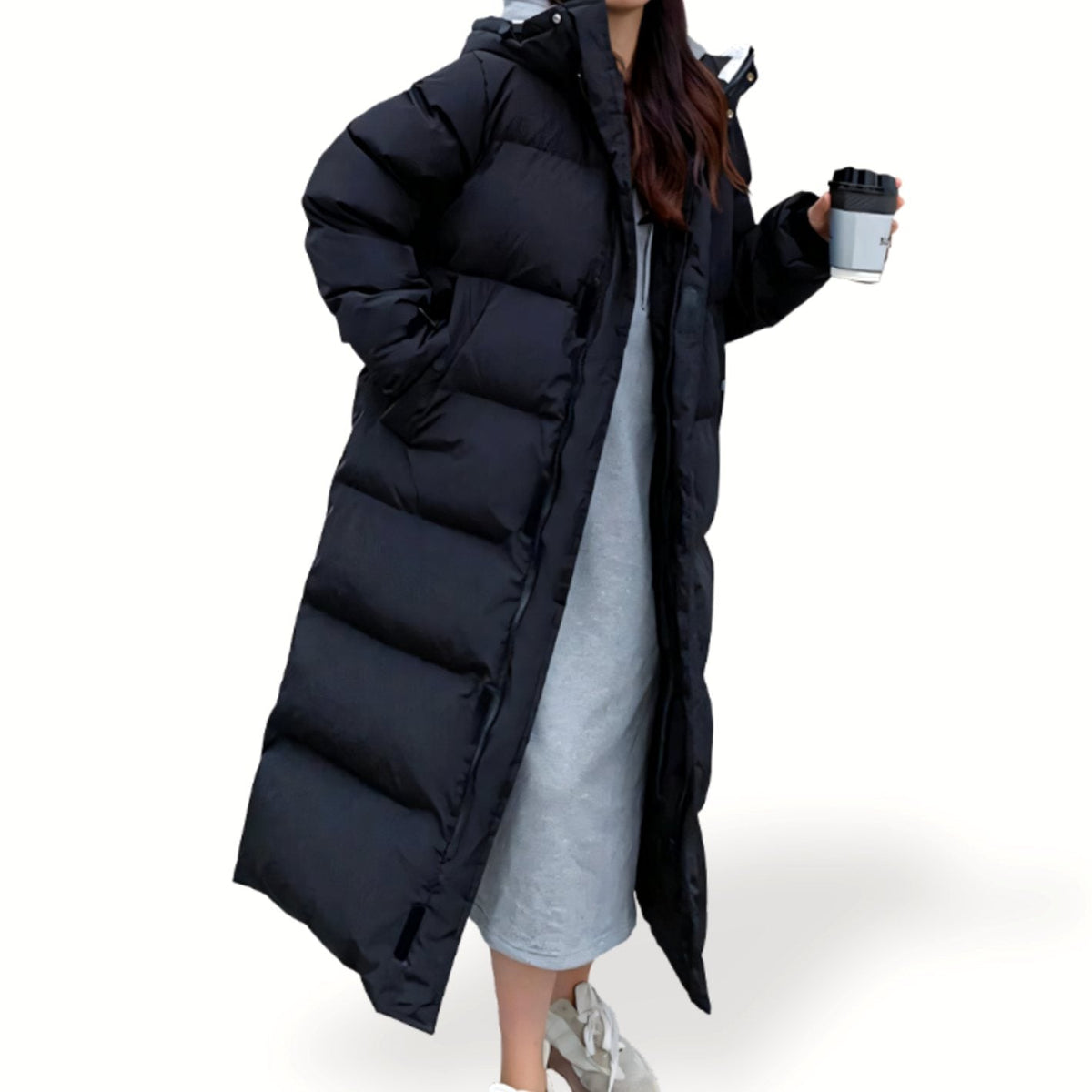 Daunenjacke Damen lang im Oversize-Schnitt mit Kapuze