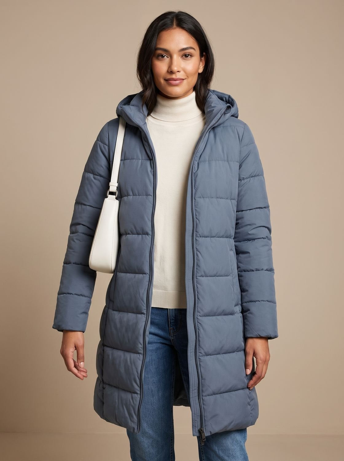 Daunenjacke Damen leicht gesteppt, lang mit Kapuze