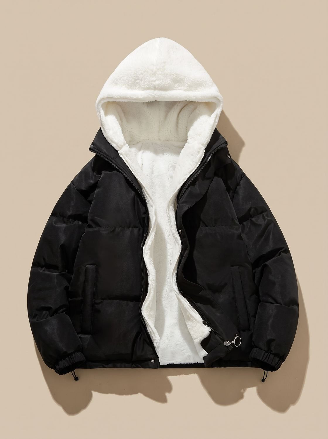 Daunenjacke Damen mit Sherpa-Fleece-Futter und Kapuze, hüftlang