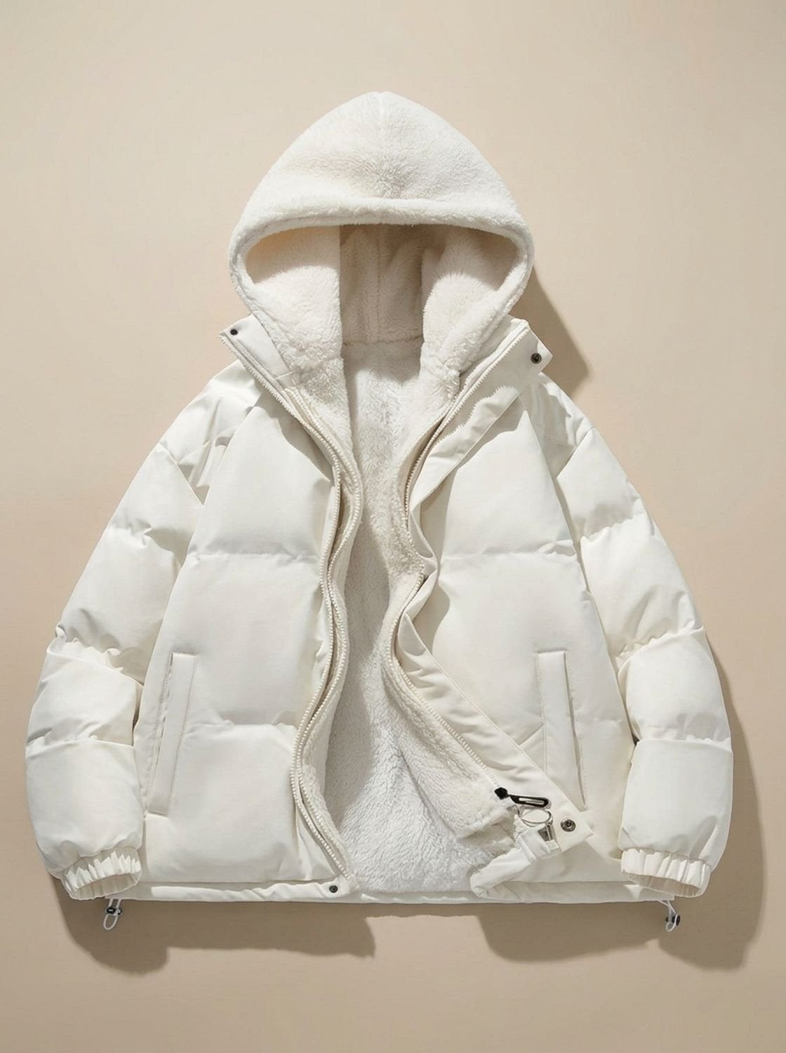 Daunenjacke Damen mit Sherpa-Fleece-Futter und Kapuze, hüftlang