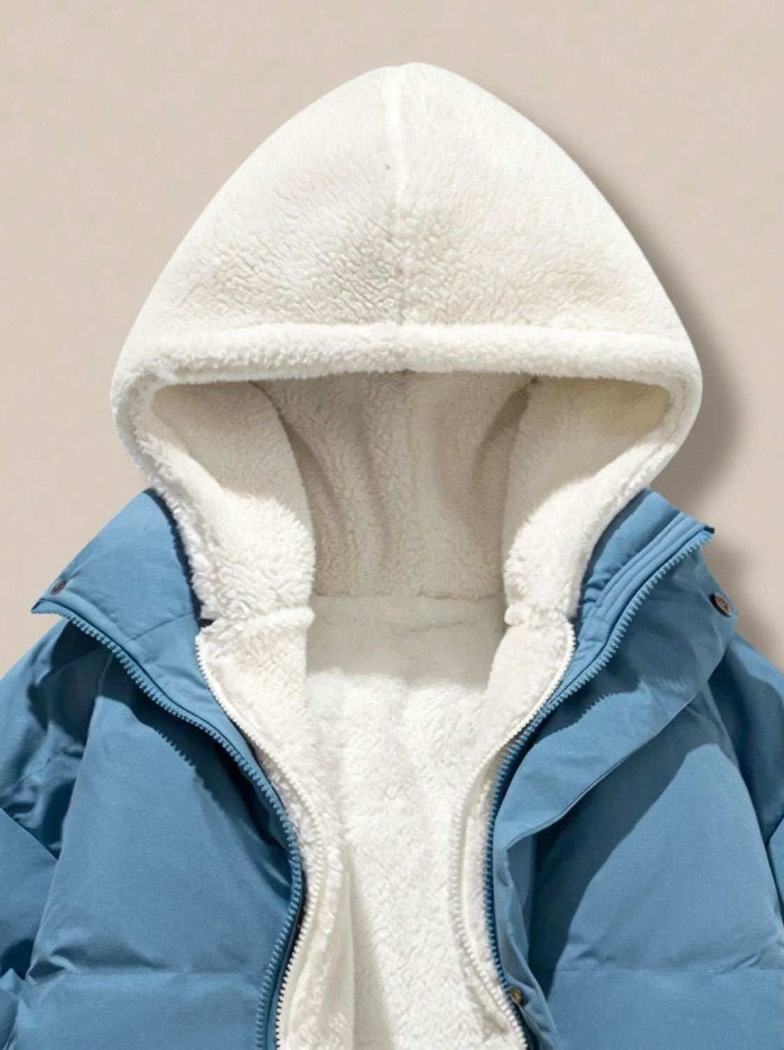 Daunenjacke Damen mit Sherpa-Fleece-Futter und Kapuze, hüftlang