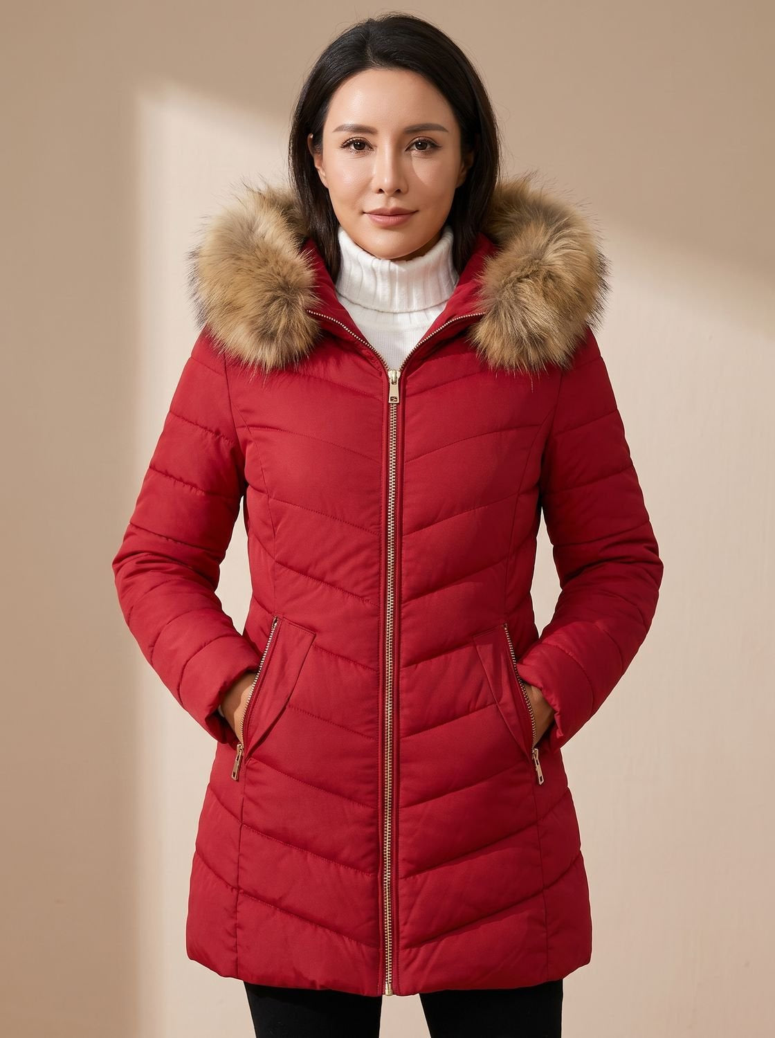 Daunenjacke Damen tailliert für den Winter mit Kunstfell-Kapuze