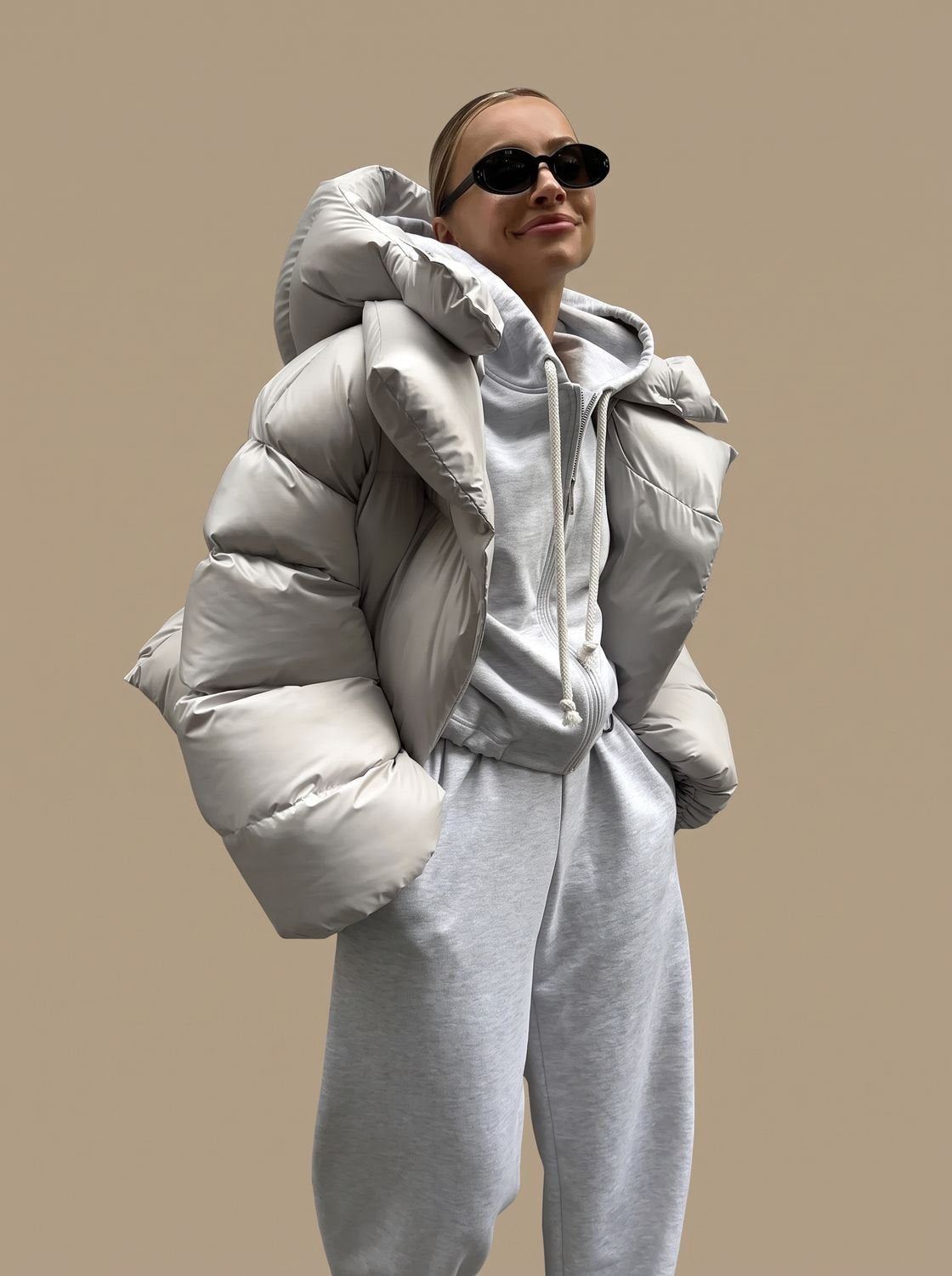 Daunenjacke Damen warm gesteppt, Oversize mit Stehkragen