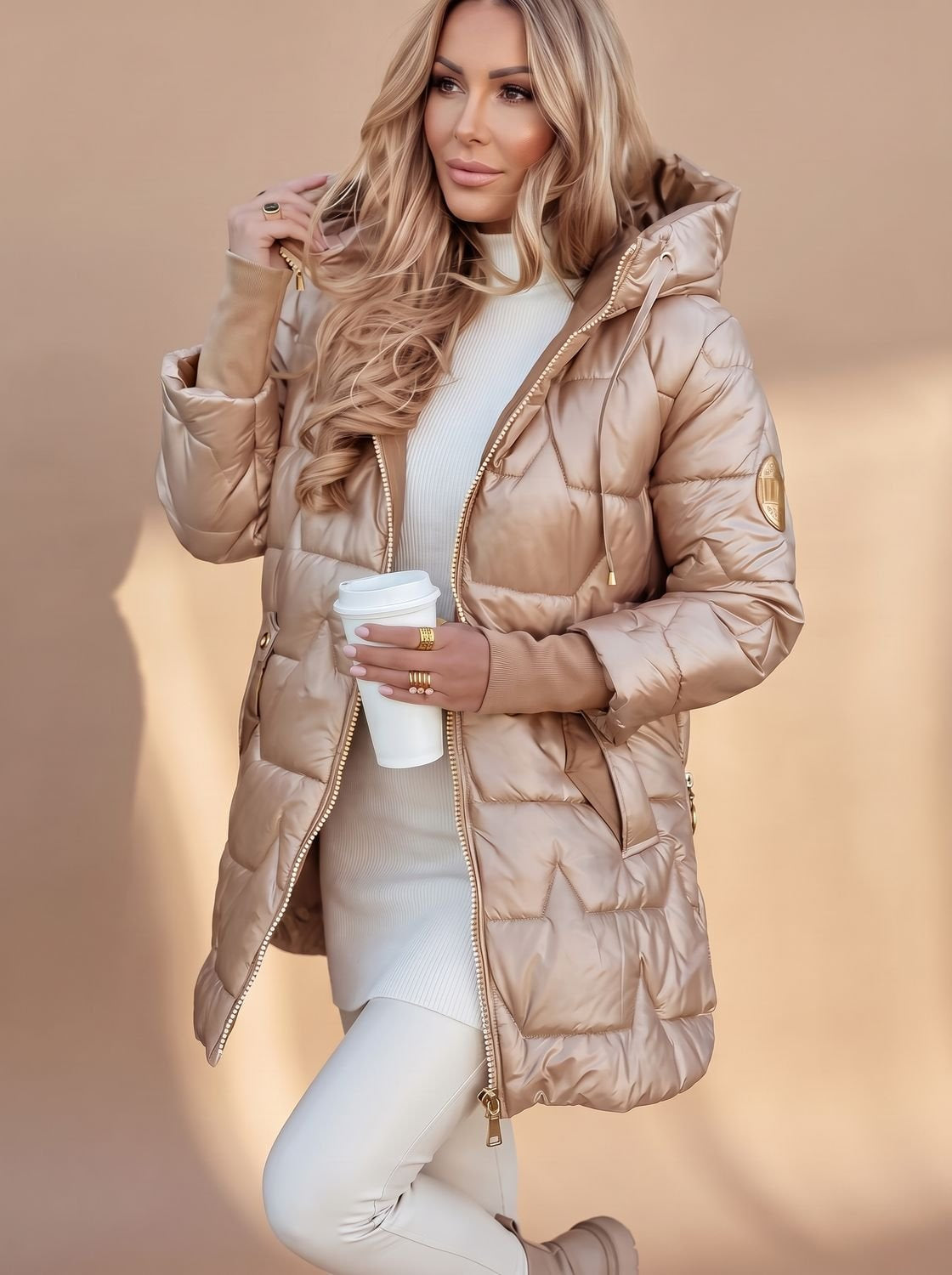 Daunenjacke Damen warm in Midi-Länge mit Kapuze, Winterjacke