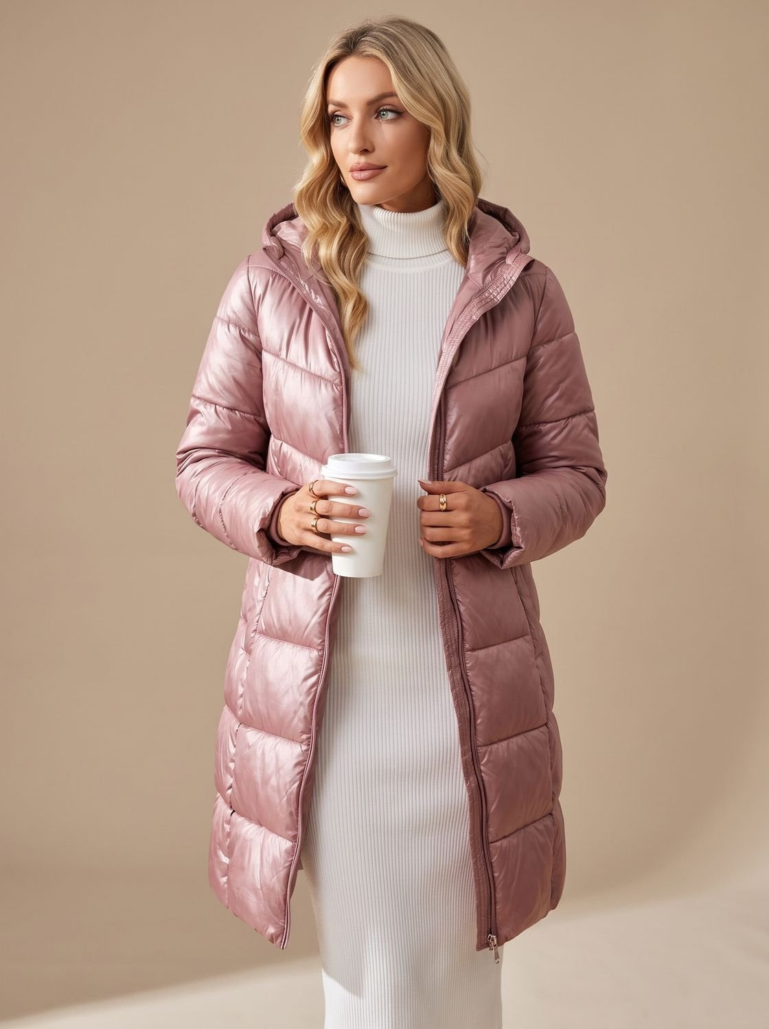 Daunenjacke Damen warm in Midi-Länge mit Kapuze, Winterjacke