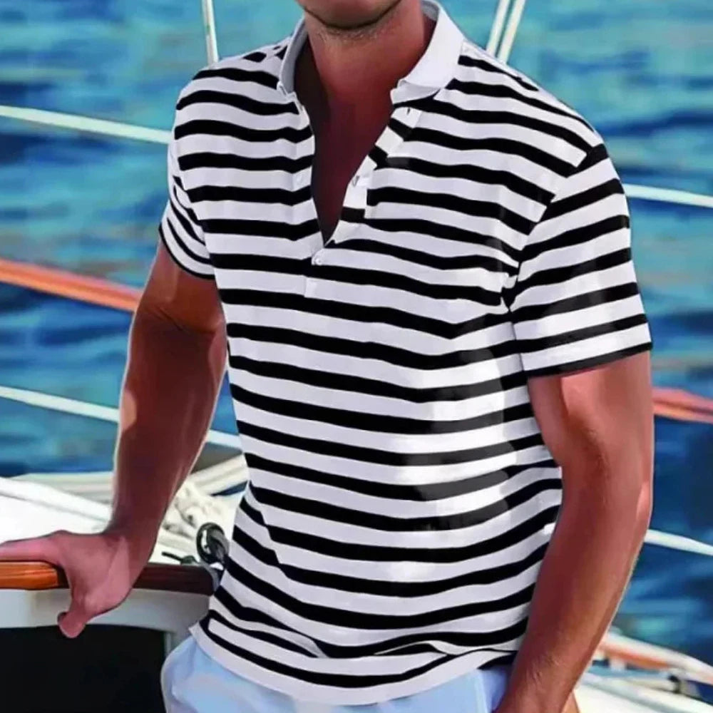 Poloshirt Herren Kurzarm mit Querstreifen und offenem Polokragen