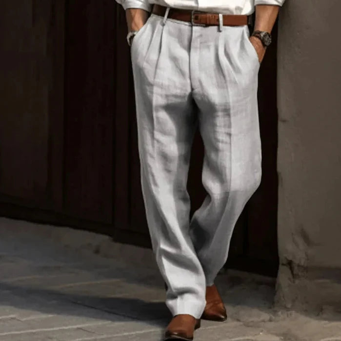 Bayer Modehaus - Herren Bundfaltenhose mit weitem Bein, Leinen-Optik in Grau