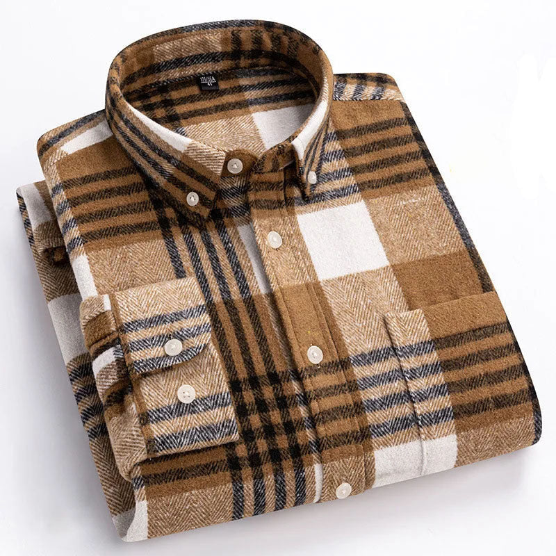 Kariertes Flanellhemd mit Button-Down-Kragen für Herren in Khaki - Ansicht 2