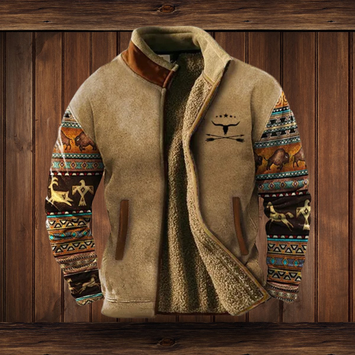 Fleecejacke Herren mit Sherpa-Futter und Aztekenmuster