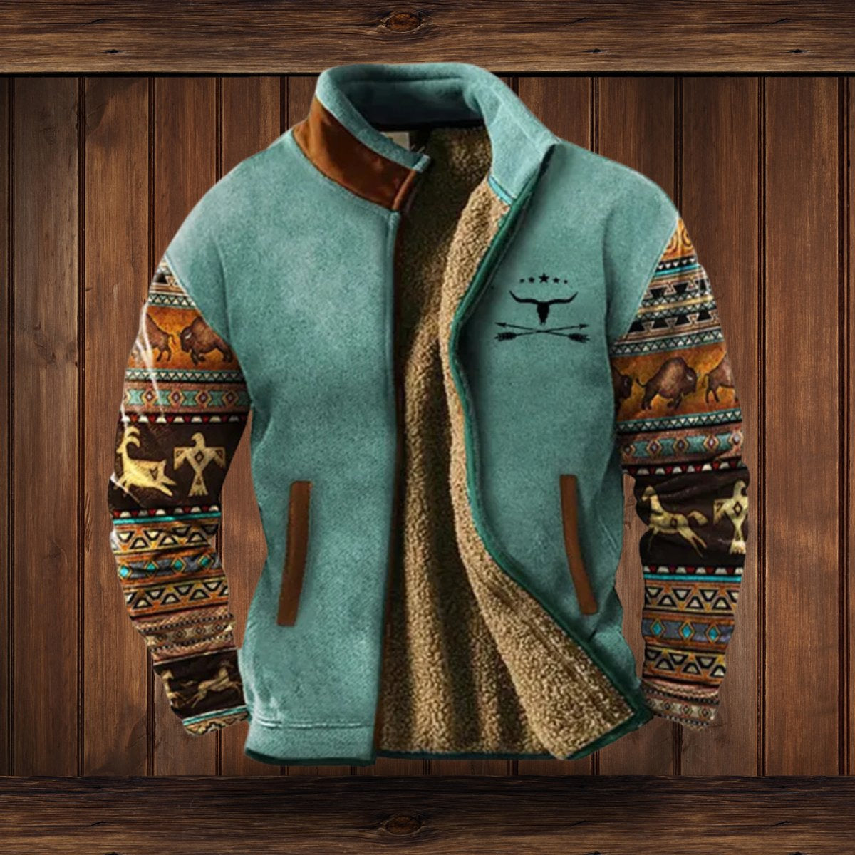 Fleecejacke Herren mit Sherpa-Futter und Aztekenmuster