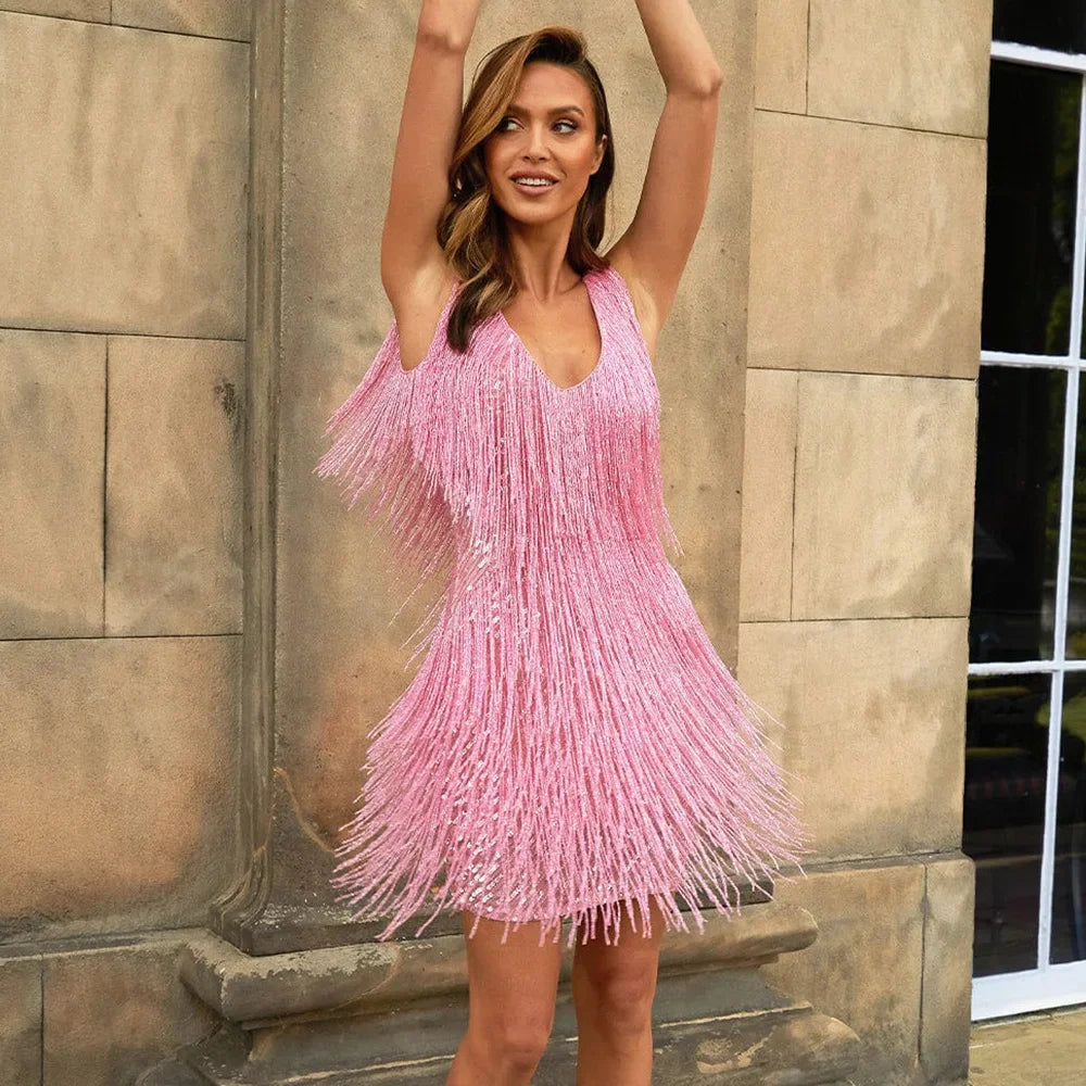 Glitzerkleid mit Fransen und Mini-Länge für Damen in Rosa - Ansicht 7