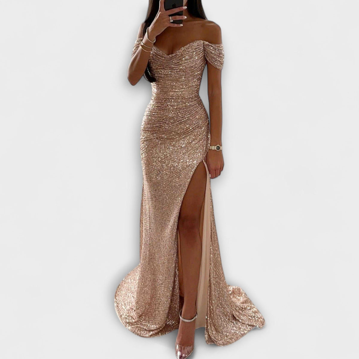 Glitzerkleid mit Schleppe und Beinschlitz für Damen