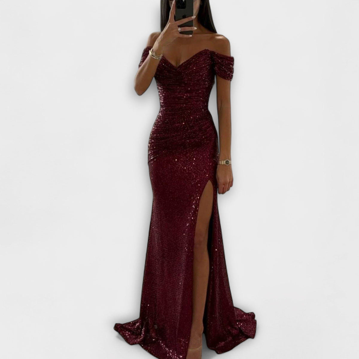 Glitzerkleid mit Schleppe und Beinschlitz für Damen