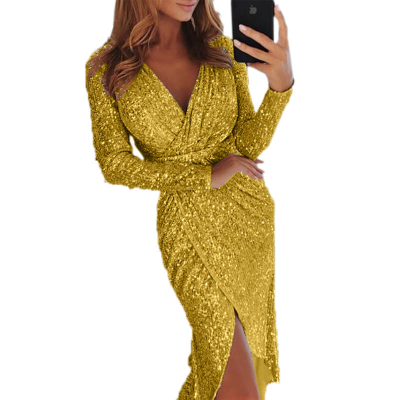 Glitzerkleid mit Wickeloptik und V-Ausschnitt für Damen