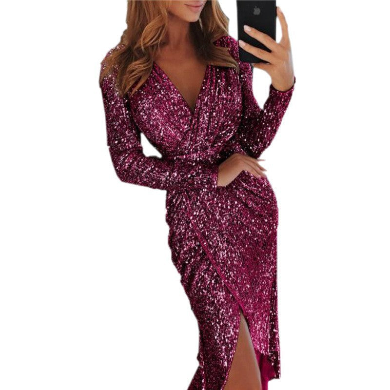 Glitzerkleid mit Wickeloptik und V-Ausschnitt für Damen