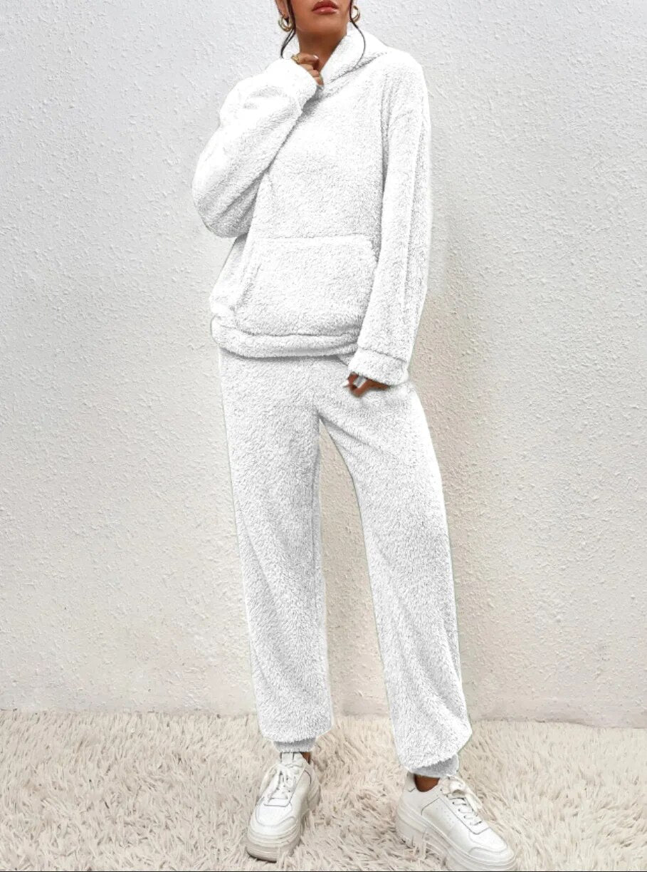 Hausanzug mit Teddystruktur, Kapuze und langer Hose für Damen - Ansicht 12