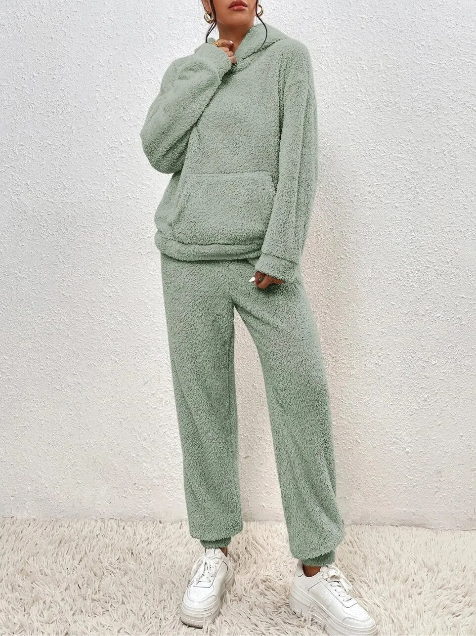 Hausanzug mit Teddystruktur, Kapuze und langer Hose für Damen - Ansicht 13