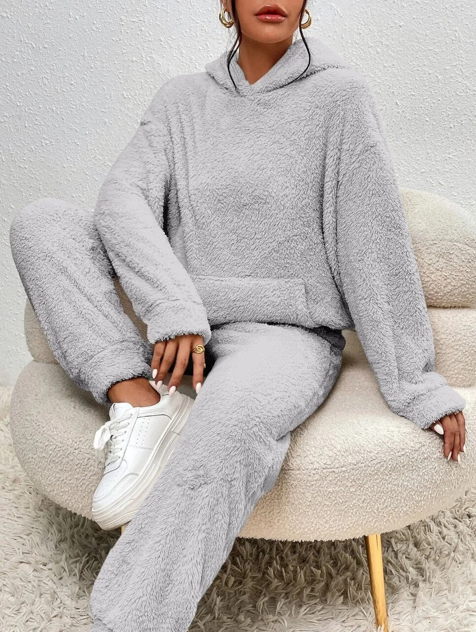 Hausanzug mit Teddystruktur, Kapuze und langer Hose für Damen in Grau - Ansicht 5