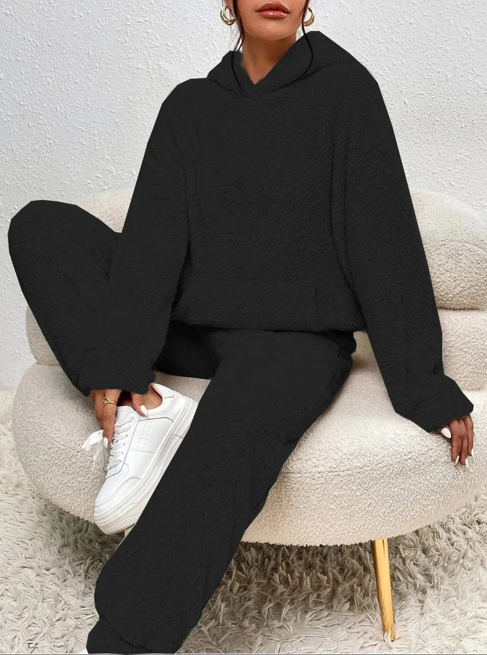 Hausanzug mit Teddystruktur, Kapuze und langer Hose für Damen in Schwarz - Ansicht 6