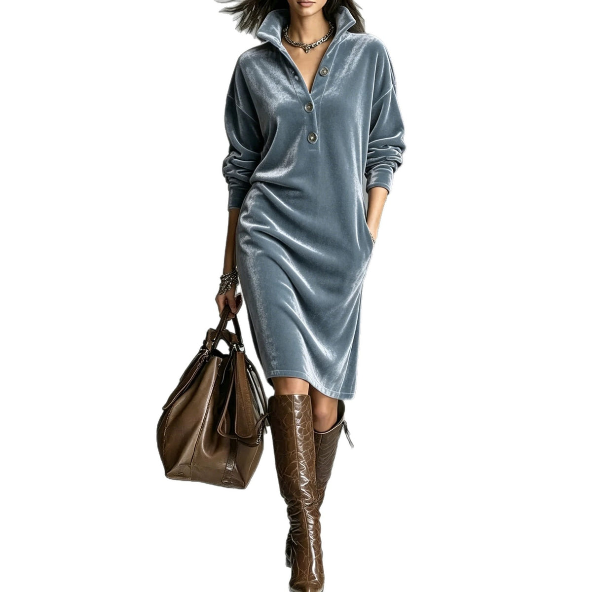 Kleid im Hemdblusenstil in Samtoptik mit Reverskragen für Damen