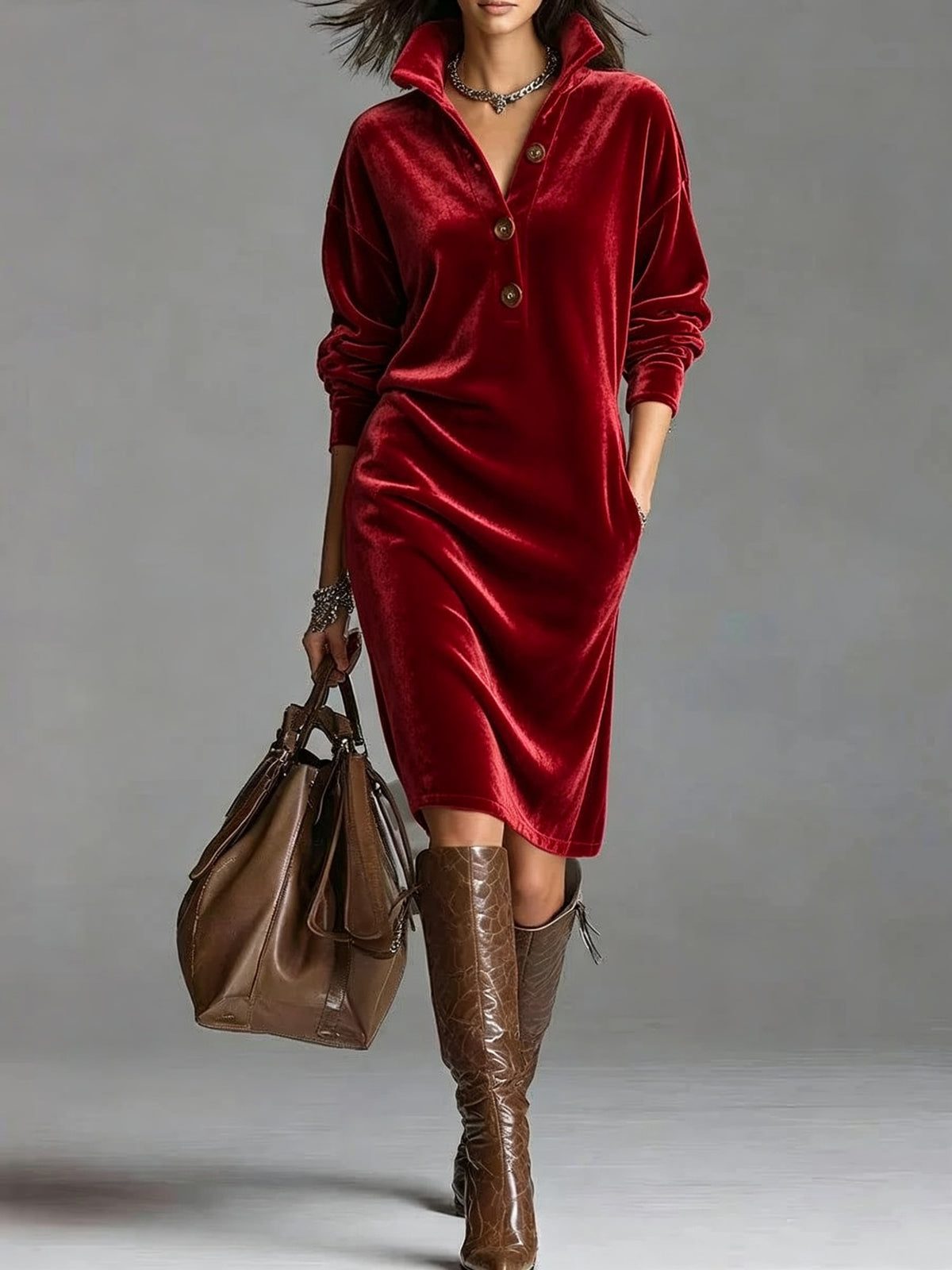 Kleid im Hemdblusenstil in Samtoptik mit Reverskragen für Damen