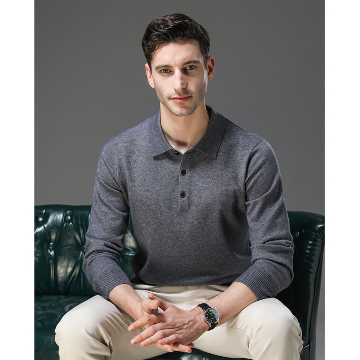 Herren Kaschmirpullover mit Polokragen und Knopfleiste für das Büro