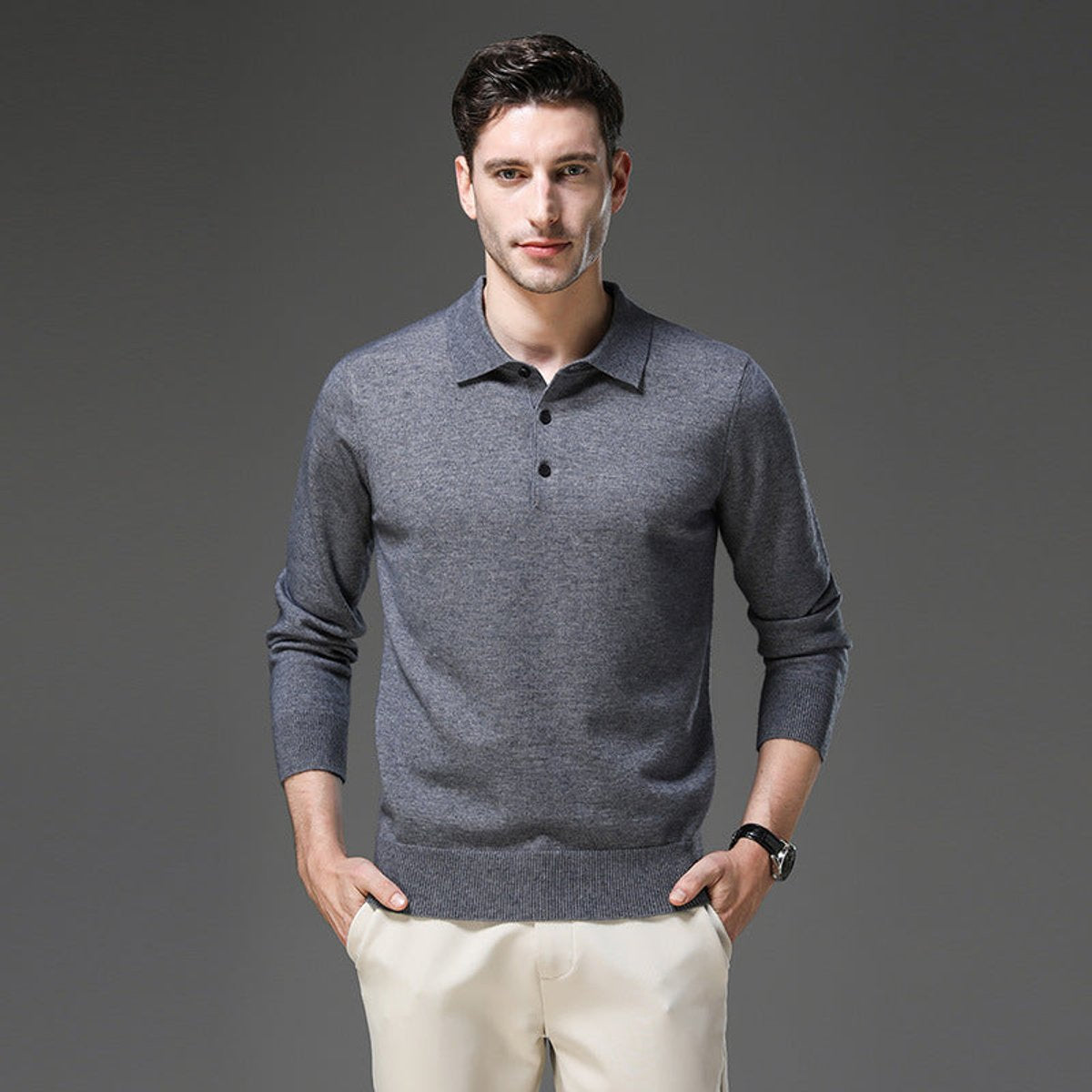 Herren Kaschmirpullover mit Polokragen und Knopfleiste für das Büro