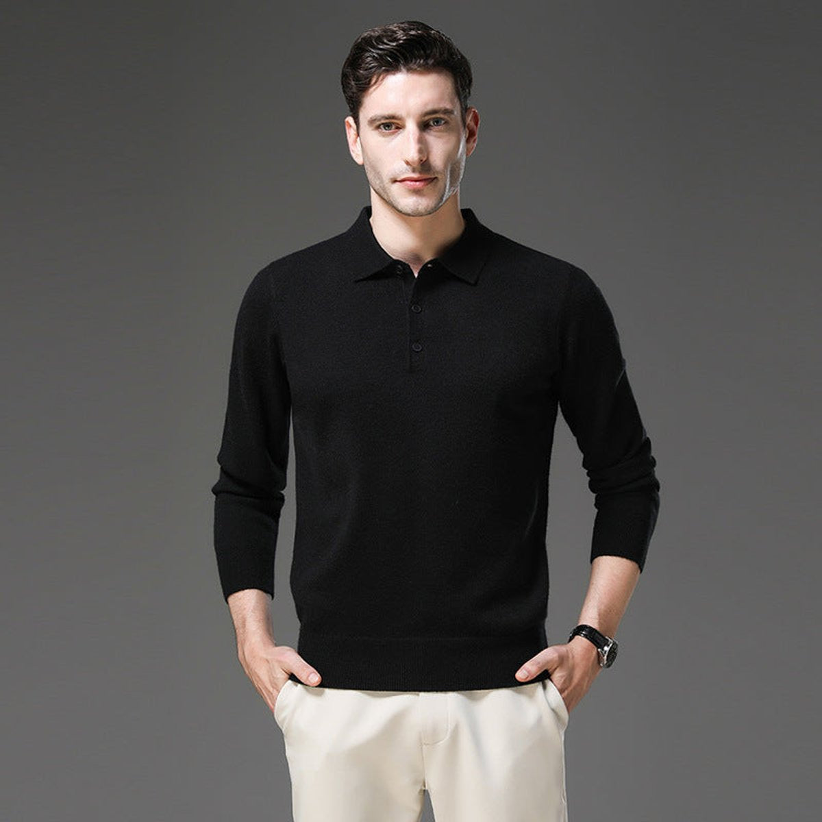 Herren Kaschmirpullover mit Polokragen und Knopfleiste für das Büro