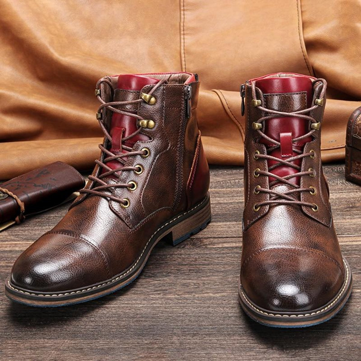 Herren Stiefelett aus Leder mit Schnürung und Reißverschluss