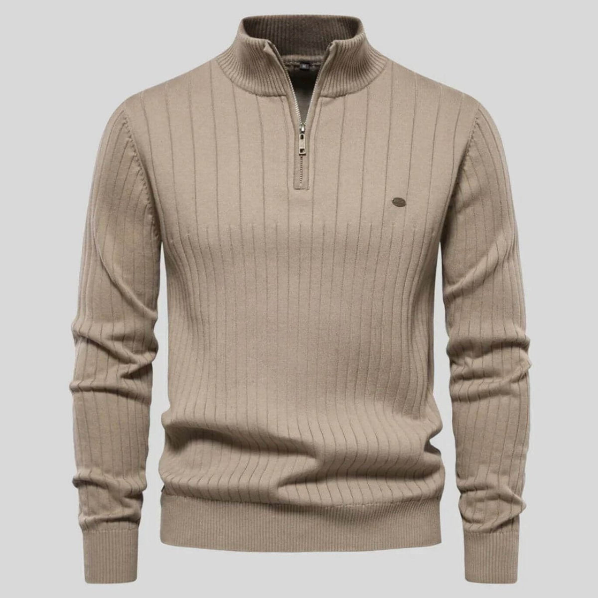 Bayer Modehaus - Herren Troyer mit Reißverschluss und Stehkragen, Rippstrick in Beige
