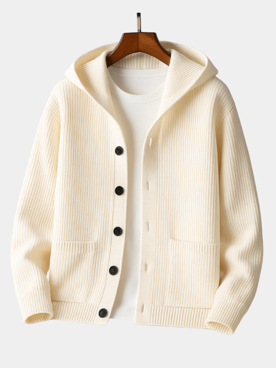 Herren Winter Strickjacke Cardigan mit Kapuze und Rippstrick