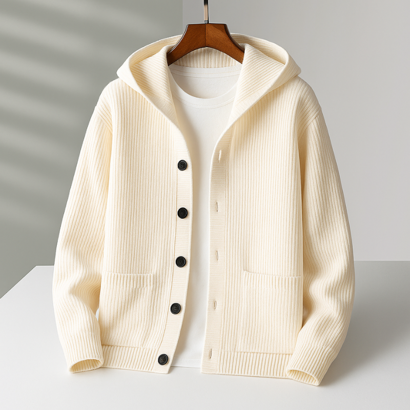Herren Winter Strickjacke Cardigan mit Kapuze und Rippstrick