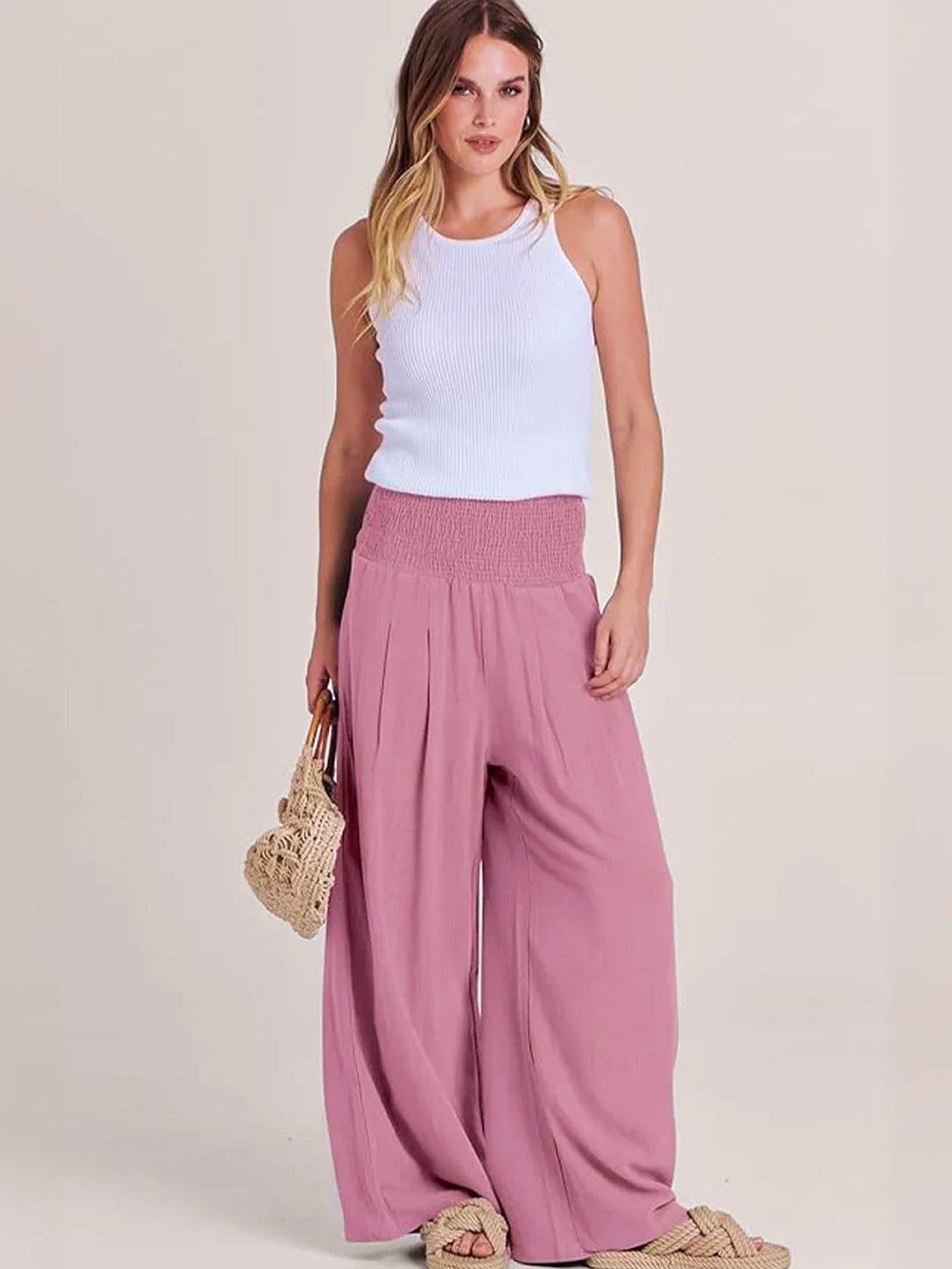 Bayer Modehaus - Damen Palazzohose mit Smokbund, High Waist, weites Bein in Blassrosa