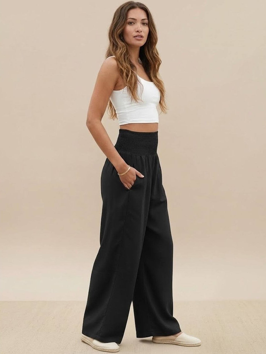 Bayer Modehaus - Damen Palazzohose mit Smokbund, High Waist, weites Bein in Schwarz