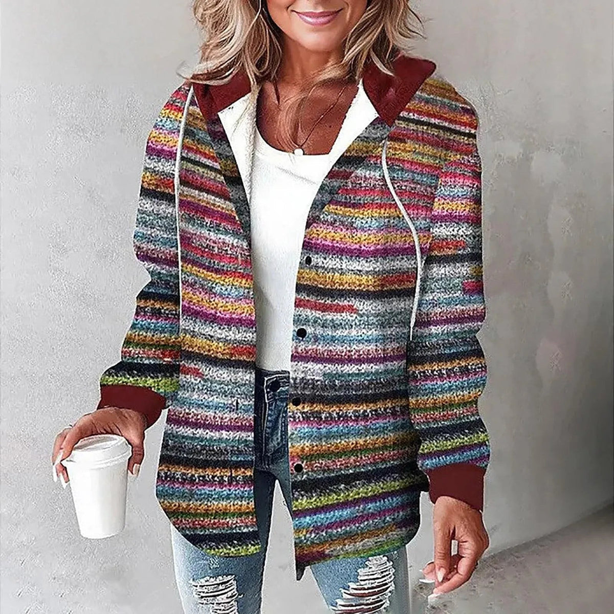 Hoodie-Jacke mit Karomuster, Kapuze und Knöpfen für Damen in Mehrfarbig - Ansicht 12