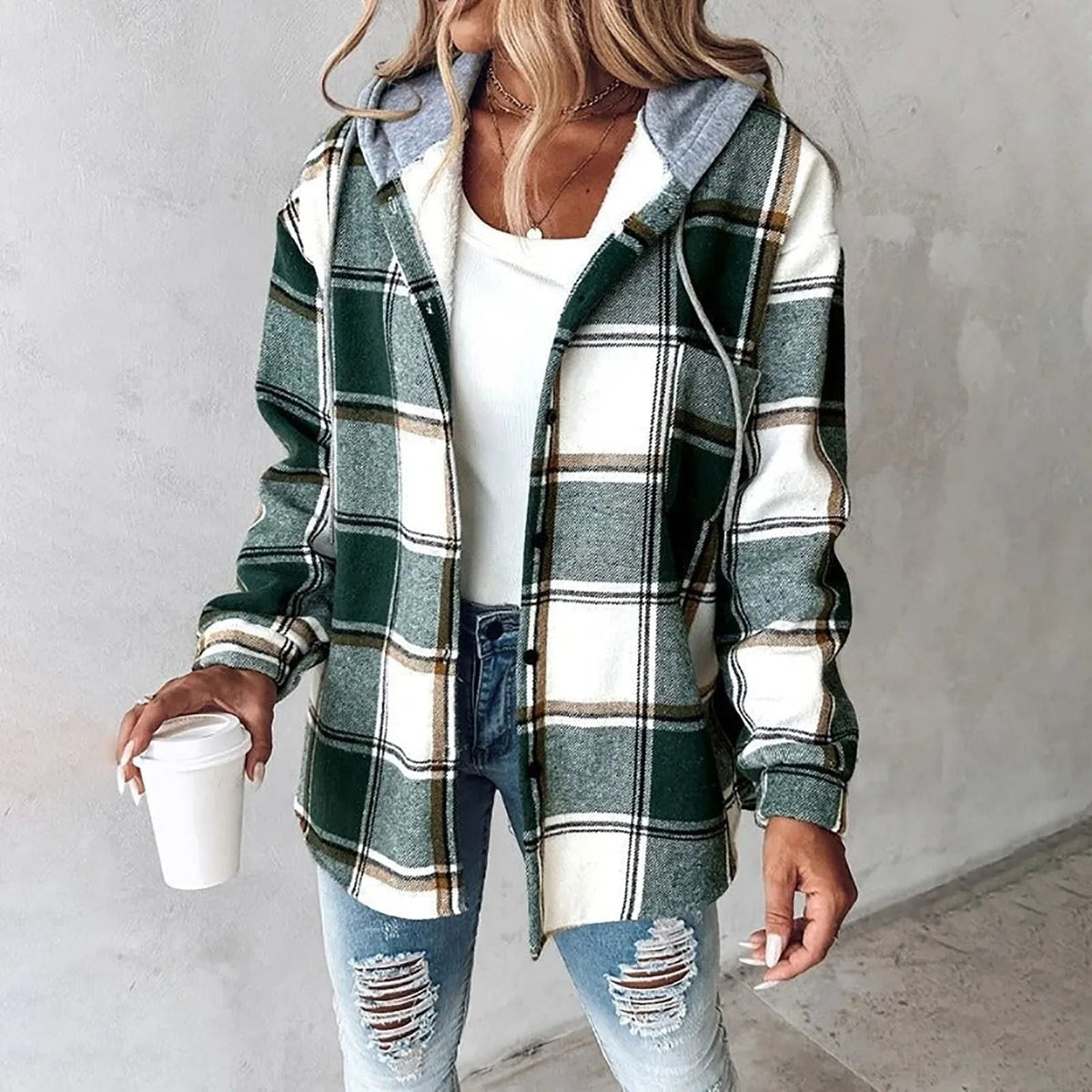 Hoodie-Jacke mit Karomuster, Kapuze und Knöpfen für Damen - Ansicht 3