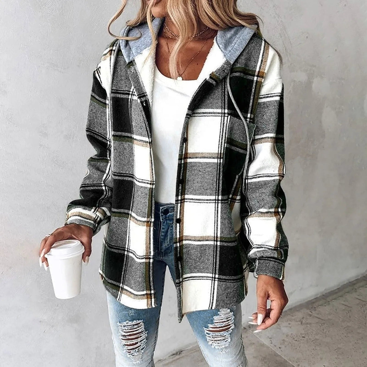 Hoodie-Jacke mit Karomuster, Kapuze und Knöpfen für Damen - Ansicht 5