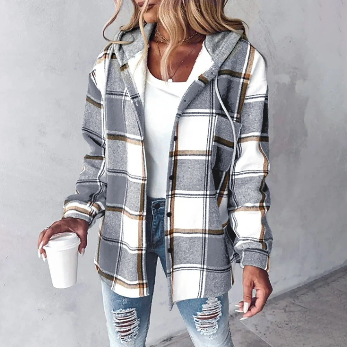 Hoodie-Jacke mit Karomuster, Kapuze und Knöpfen für Damen - Ansicht 7