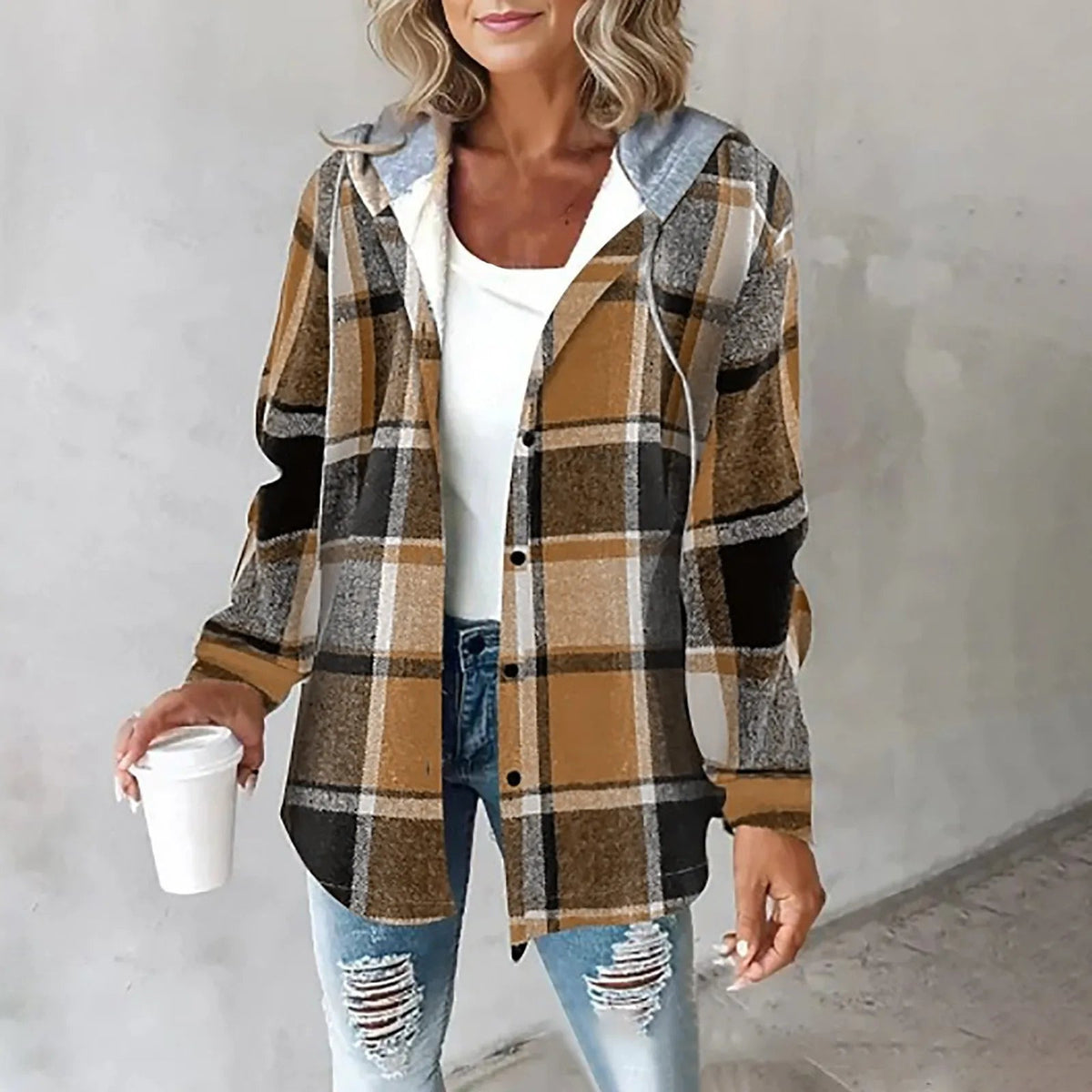 Hoodie-Jacke mit Karomuster, Kapuze und Knöpfen für Damen in Braun - Ansicht 9