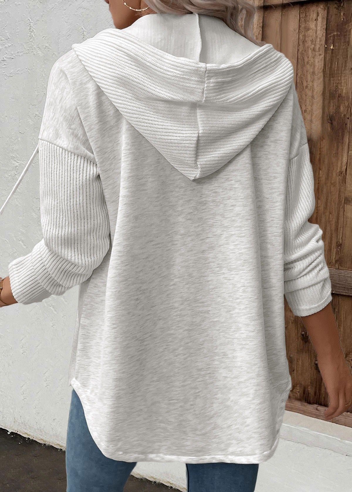 Hoodie Damen mit Knopfleiste, Kapuze und langen Ärmeln in Hellgrau