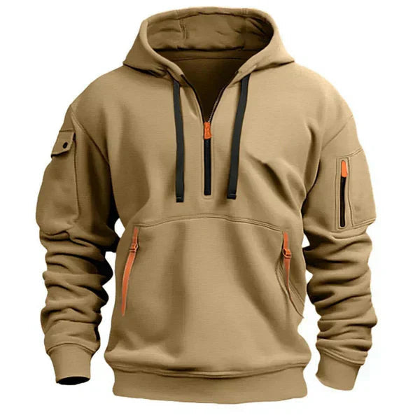 Hoodie mit Kordelkapuze und kurzem Reißverschluss für Herren in Khaki - Ansicht 3