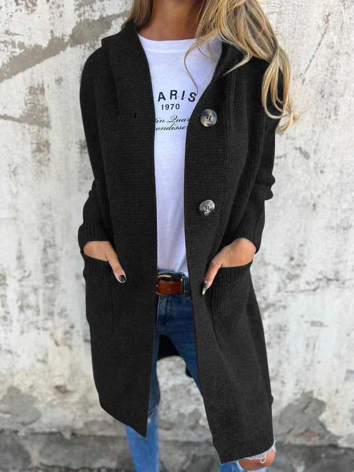 Damen Longcardigan in Rippstrick mit Kapuze in Schwarz