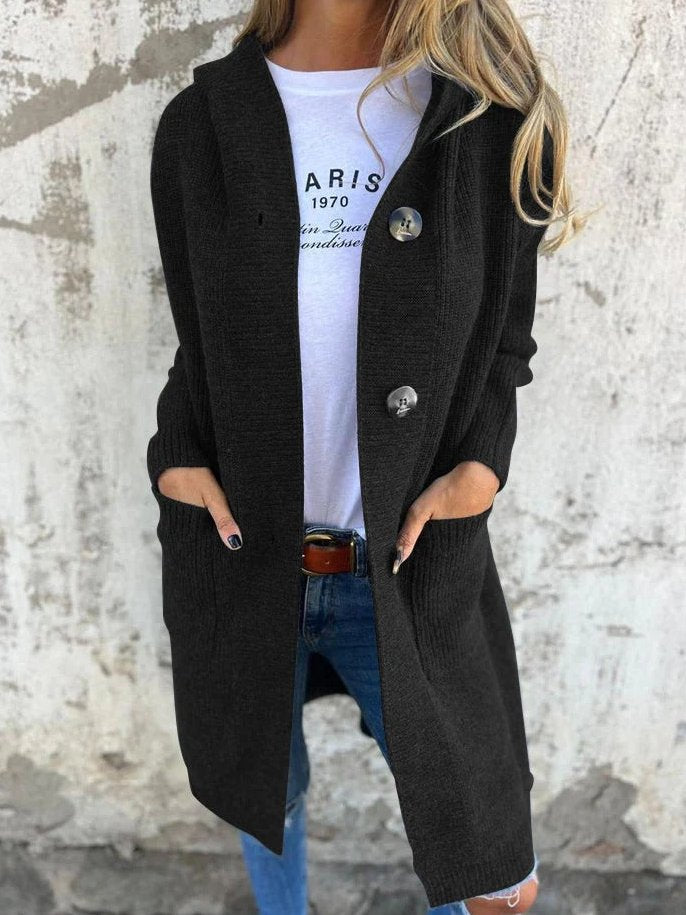 Bayer Modehaus - Damen Longcardigan in Rippstrick mit Kapuze und Taschen in Schwarz